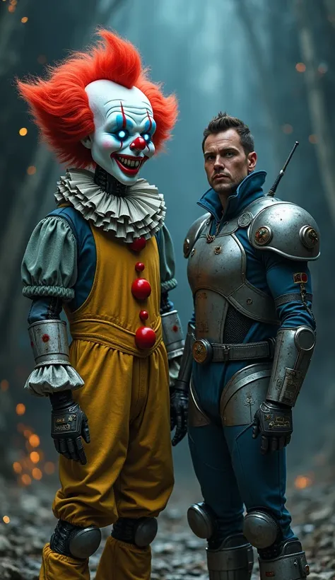 "A robotic clown with glowing blue eyes, red curly hair, and a sinister smile, standing next to a futuristic armored hero with a round shield. The clown has a vintage mechanical body with rusted joints and buttons. The hero wears a blue and silver suit, lo...