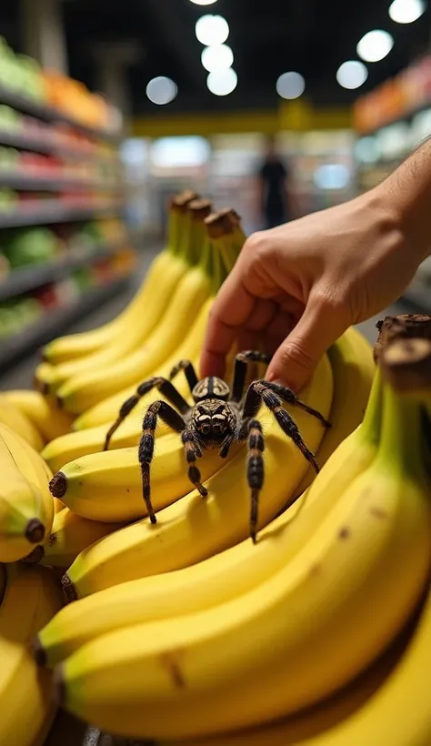 A person in a supermarket grabbing bananas ,  without realizing that a Brazilian wandering spider is in the fruit,  ready to attack 