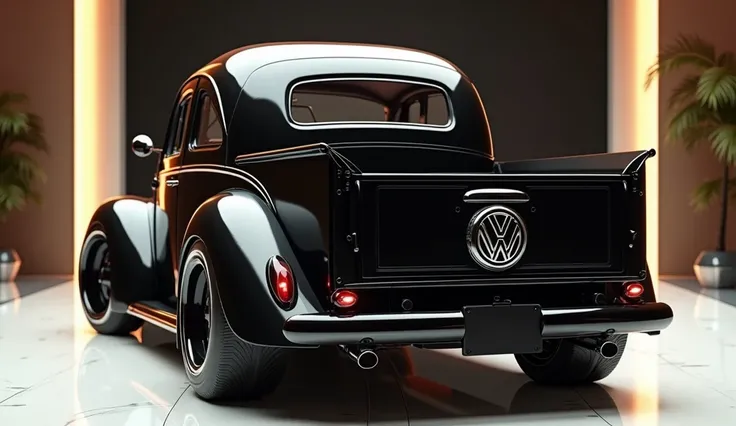 create an ultra-detailed 3D render, of a modern full back close view of 1969 Volkswagen Beetle Pickup with a bold design looking long  captured from back bumper view. The car should feature a 'Gleamy cream Black' color with a 'Volkswagen' logo on its back,...