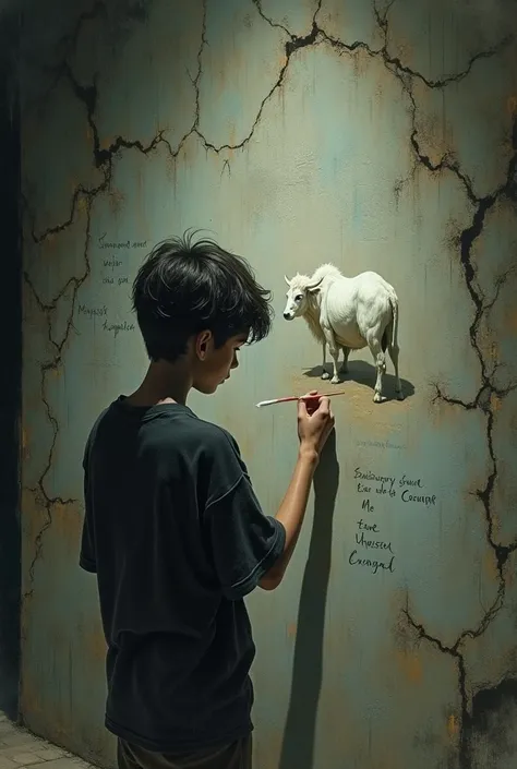 Illustration, masterpiece, slightly blurred like a memory dream; In a dim, gloomy corridor, a 16-17yo age boy in a tattered black shirt is painting a small white long-legged buffalo on a gray wall covered with inscriptions and cracked plaster