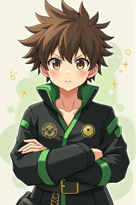 Make a young boy.  with a confident expression . Brown hair and a bit spiky .  Make a black outfit with green details and healing symbols.  Make him in the anime style .