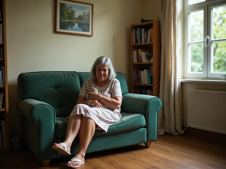 A 71-year-old woman with straight gray hair sits on a worn green two-seater sofa in a small, cozy living room. The room has wooden floors, a bookshelf filled with novels, and a single framed painting on the beige wall. Large windows reveal a modest garden ...