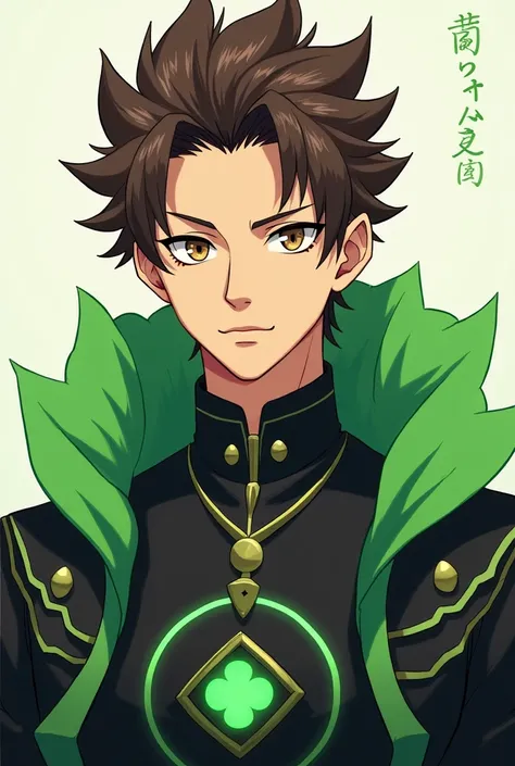 Make a young man.  with a confident expression . Brown hair and a bit spiky .  Make a black outfit with green details and healing symbols.  Make him in the anime style .