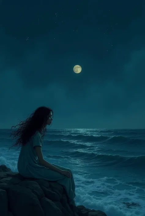 A lonely curly-haired woman watching the sea at night sitting far away 