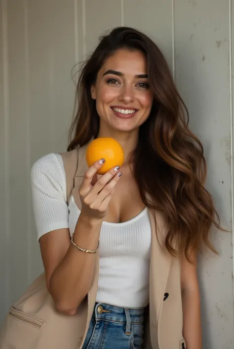  An Iranian woman who looks like Elnaz Habibi wears clothes from luxury brands、 smile、From feet to full body 、 Instagram-worthy images 、looking like a real woman  , eating a fruit. Make a woman more humane, without much more realistic effect, with more cas...