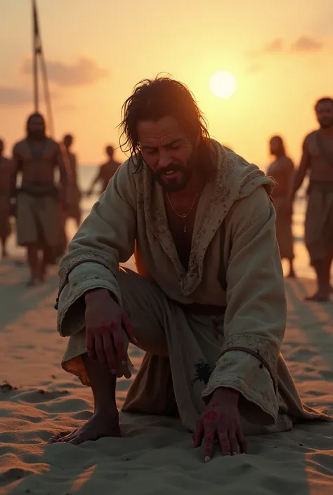 A solemn depiction of Magellan’s final moments, wounded and kneeling on the beach, with the sun setting behind him, his men watching in horror." hyperrealistic, cinematic, animation, 8k