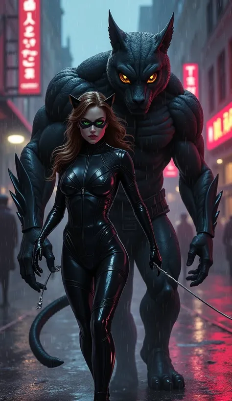  A rainy night in Gotham City ,  with reddish and purple neons reflecting in pools of water and narrow alleys ,  serve as a setting for Catwoman and her Feline Guardian to move forward In your direction .  She wears a shiny black suit , almost liquid ,  wi...