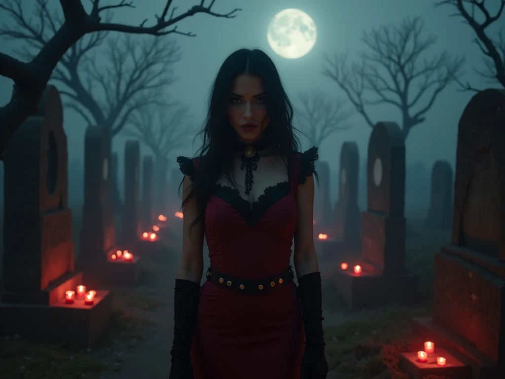  An enigmatic female figure ,   representing Maria Padilha from the Cemetery  .  She is dressed in a dark red dress ,  with black details.   Her expression is powerful  , with intense eyes ,  radiating a mix of mysticism and strength . In the background,  ...