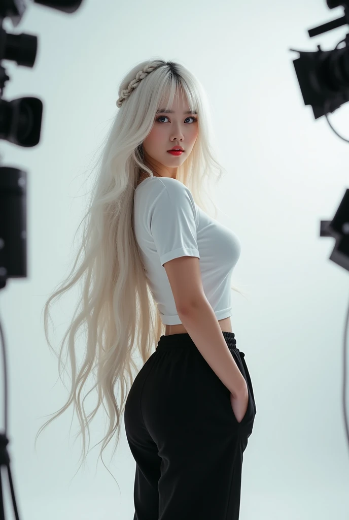  Real Korean girl with completely white semi-wavy and very extremely long hair with bangs with two thick braids and the rest loose, blue eyes, wears a white t-shirt fitted to her beautiful slim body and squeezing her big round breasts ,  big round butt, sh...