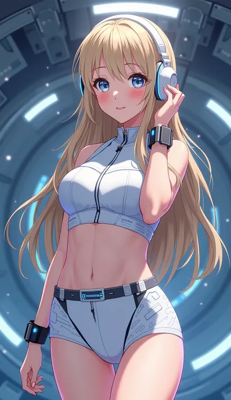 Detailed anime illustration, pixiv style,anime love-live style, zero gravity space. Woman dressed in white spaceship high-tech capsule, cold sleep device. Japanese woman, blonde long hair, blush,shy,wearing futuristic underwear with biosensors and circuit ...