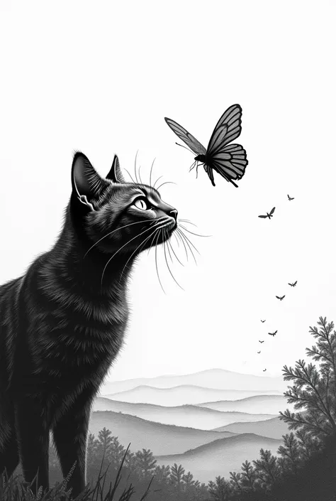 Black and white drawing of a cat looking at a butterfly flying in a landscape 