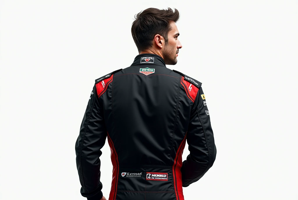 Photorealistic ultra-HD image of a professional race car driver posing confidently. The picture is showing the man's back and he is slightly looking diagonal left.The driver is wearing a sleek black racing suit adorned with realistic sponsor logos, includi...