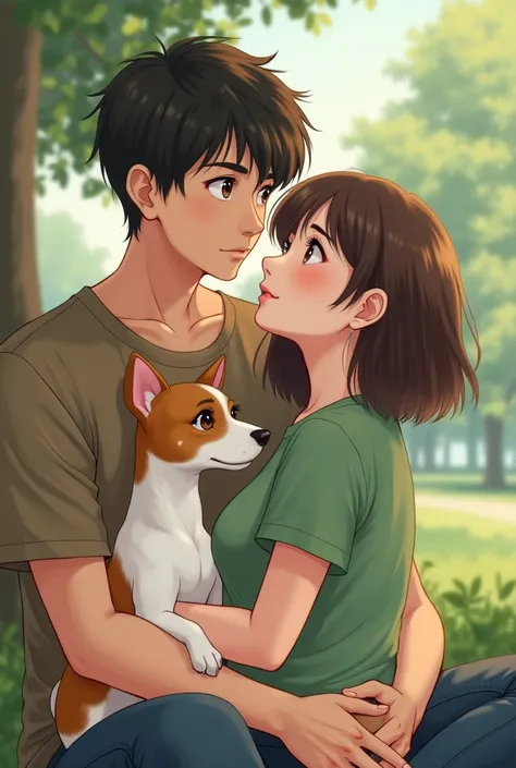 A girl with her back is wearing a green tsort A guy with her back is wearing brown tsort in love with her and looking at the girl The girl has a white brown terrier dog on her lap anime
