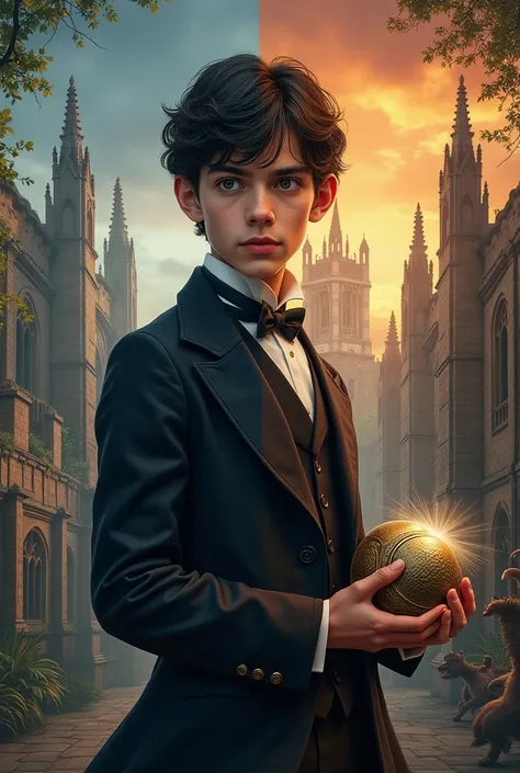 A split scene cover. On the left side, depict late 19th-century Great Britain, with an overcast sky above Cambridge University’s iconic Gothic architecture. A young man, Ethan Rivera, stands prominently in the foreground, dressed in a formal academic suit ...