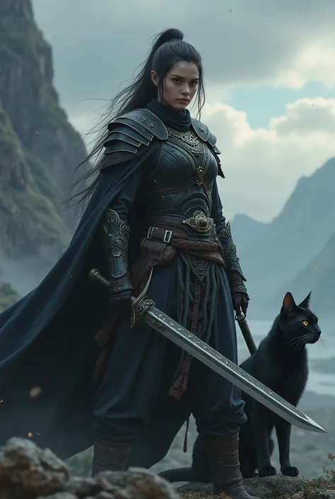 Warrior female with sword and black cat