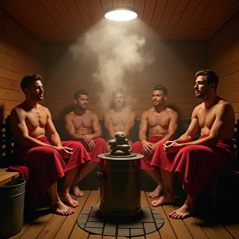 #sauna session #metal stove with stones poured with water from a bucket # handsome saunmaster in shorts # handsome men in sauna #men in red towels#  dim light from above #Stop Nad Piecem