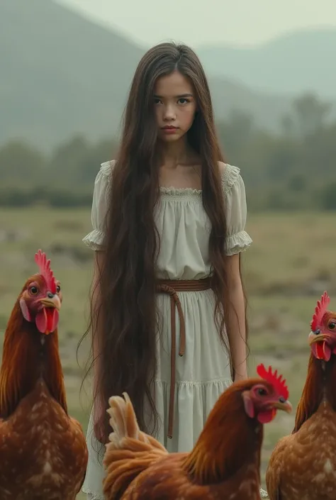 The girl with the longest hair without fringes and farthest from the chicken