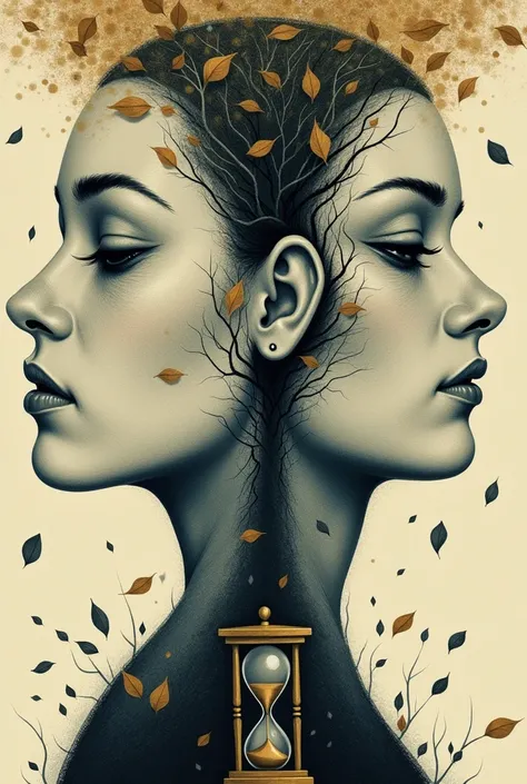 A semi-abstract illustration or painting of two faces outlined, almost merging, with elements that suggest the passage of time (falling leaves, an hourglass, wrinkles that look like roots).