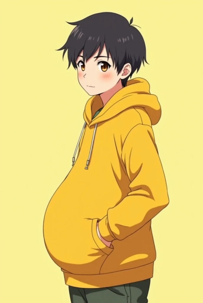 pregnant boy, yellow hoodie, anime style, chroma key