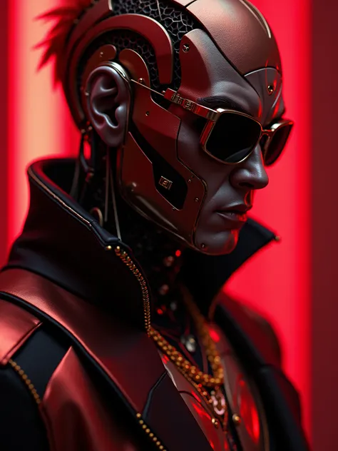 Agent P, robot, highest quality, A dark cyberpunk world、1 male (dark cyberpunk world, male Robot, Red on sharp facial structure, human like, metallic hair, highest quality, cyberpunk from Ghana, high quality, sharp moon eyes vivid Shiny scarlet red hazeヘアカ...