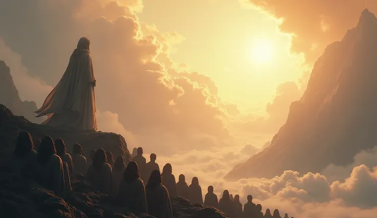 A prophet stands atop a mountain, addressing the gathered people below. His face is not visible, shrouded in mystery and reverence. The vast sky above radiates a deep sense of peace, with a soft, ethereal glow. The crowd listens in silent awe, their faces ...