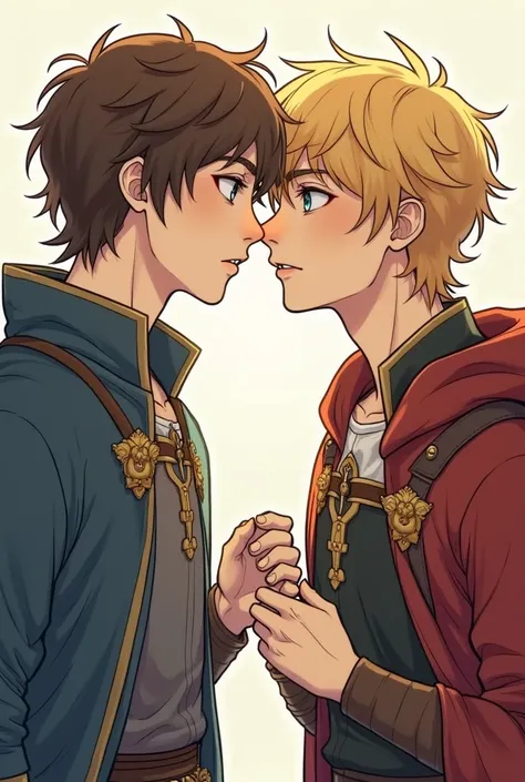 two men who are almost kissing, one of them is shorter and a blond with blue eyes, while the other is a brunette with brown eyes, both of them are from the Middle Ages and the entire drawing is to be made in the manga style