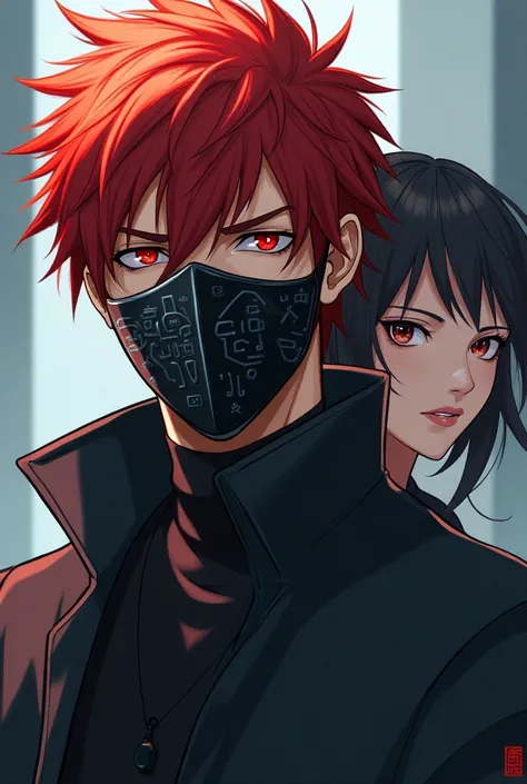 Create for me an anime picture of a guy with red hair and wearing a mask with a girl behind him