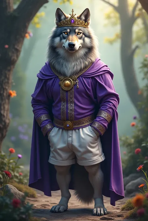 Wolf wearing a purple shirt crown and white shorts 