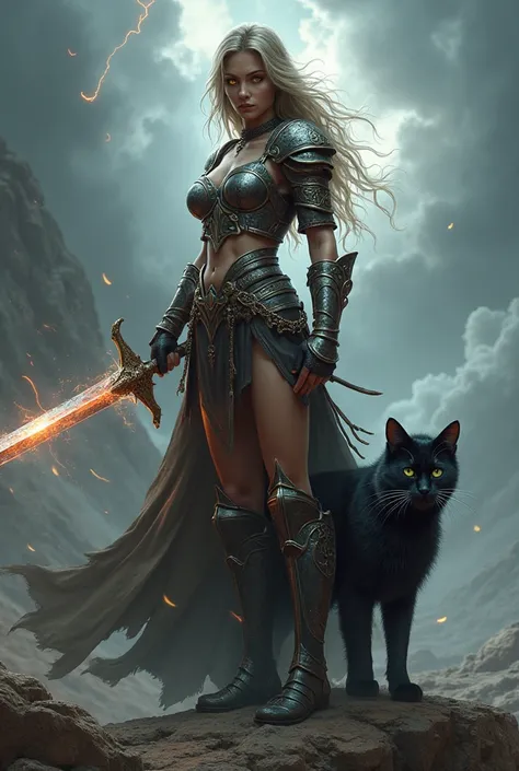 warrior female radiant sword with fierce black cat