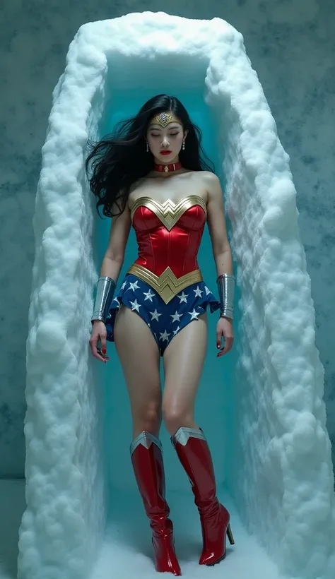 In a frozen storage room, (an Asian woman is sleeping in a coffin that is made of ice, eye closed, ice lid closed ice coffin), Japanese, beautiful, young, in full classic Wonder Woman costume, red knee high boots, red leather collar, silver bracelets, exqu...