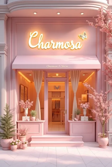 Make an image of a front for my women's clothing store with the name CHARMOSA STORE, And in the color pink and with a butterfly icon .