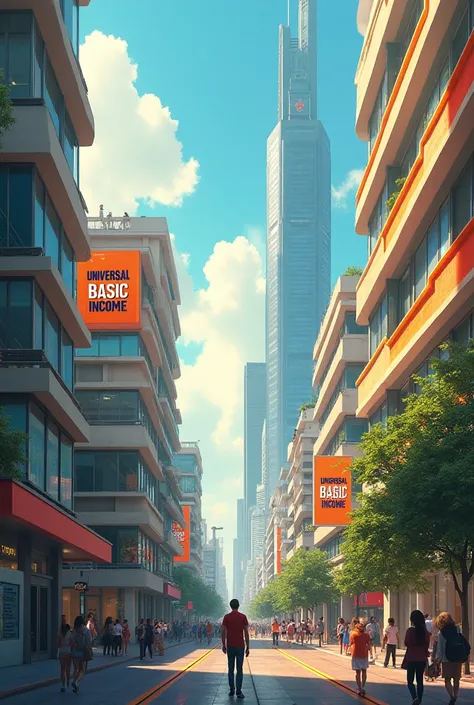  I want the image of a cheerful city with lots of natural light with modern buildings in a dystopian future, with signs on the buildings where it legibly says universal basic income in Spanish  