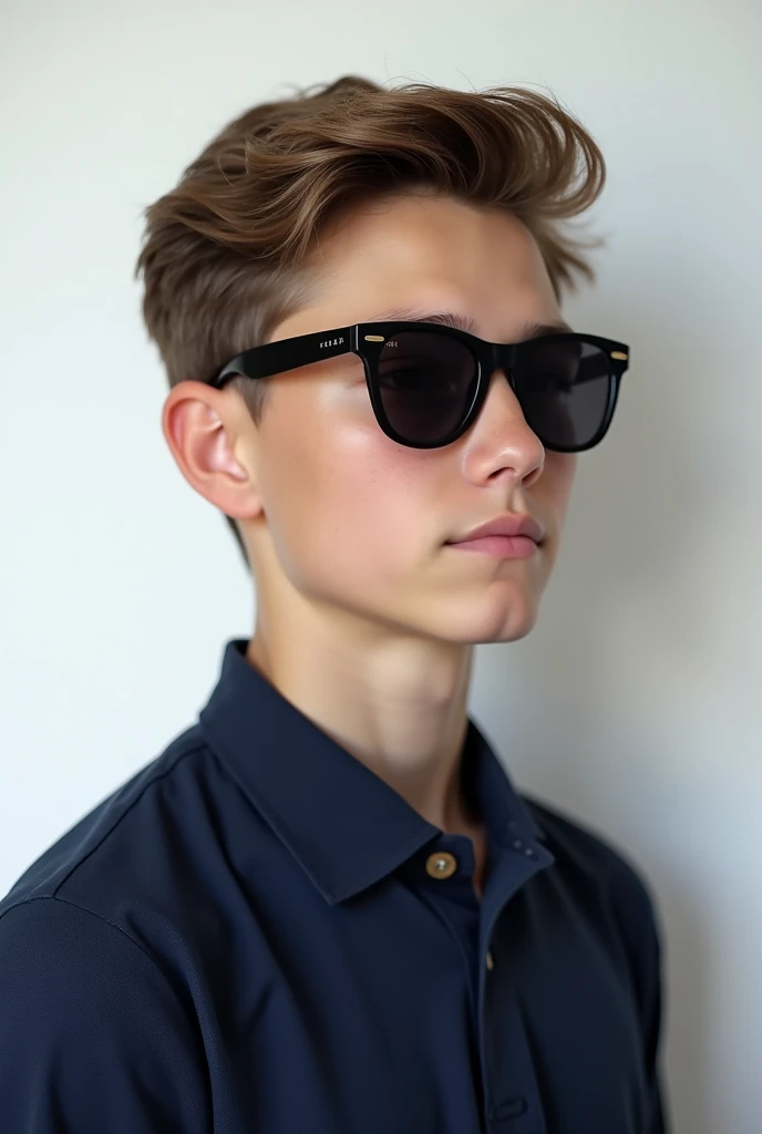 Some brand sunglasses:  'Roar' are worn by a Swedish boy of about  with an elegant and empowered appearance. her hair is brown, Perfectly coiffed with a soft and light texture, reflecting care and refinement. Her skin is clear and radiant, with fine and sy...