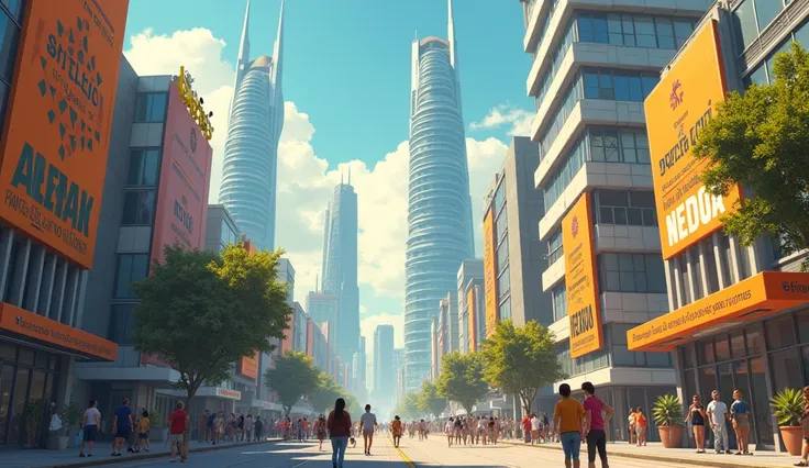  I want the image of a cheerful city with lots of natural light with modern buildings in a dystopian future, with signs on the buildings where it legibly says universal basic income in Spanish  