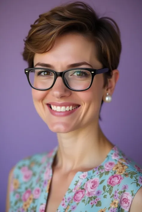   Create an image for a professional business profile of a white woman aged 40,  short hair, pixie cut,  light brown,  dark brown eyes, She wears glasses, Put on a pearl earring ,  the background can be purple and must have Easter eggs and mermaid .

