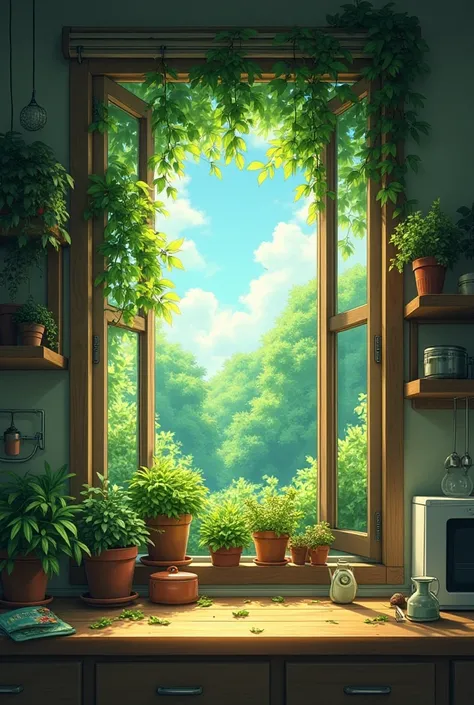 Une grande fenêtre ouverte, il y à pleins de plantes dans une cuisine cosy,  le vent souffle sur les feuilles des plantes. En version animé Makoto Shinkai, un chef-d'œuvre, cinématographiques, détaillée