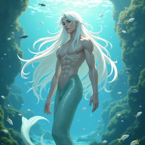 Anime man merman, long hair and white colour