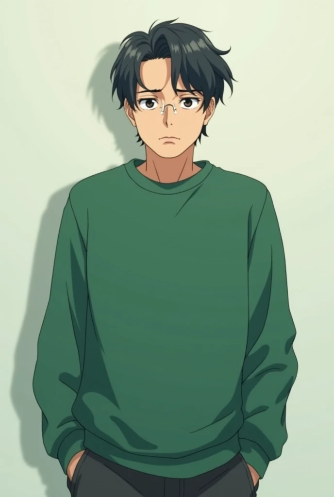 I want you to draw me the same t-shirt but with a sad anime character and the t-shirt color is green and the t-shirt type is a sweatshirt    and with men character adult 