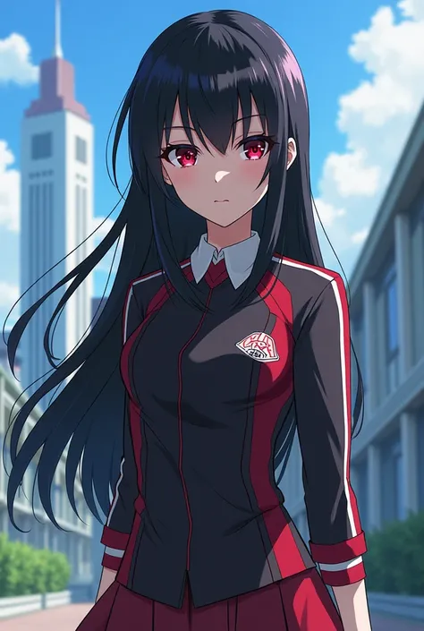 Black-haired girl with red eyes dressed in the physical education uniform of the UA from Boku No Hero Academia