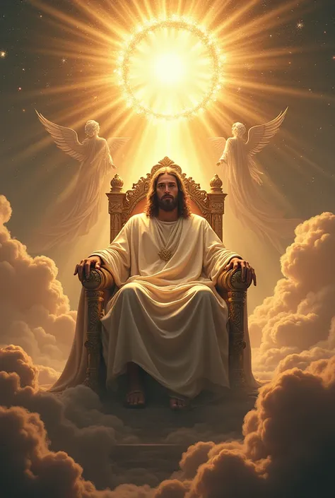 Jesus Christ, an officer of all, sitting on the throne in the glory sky.