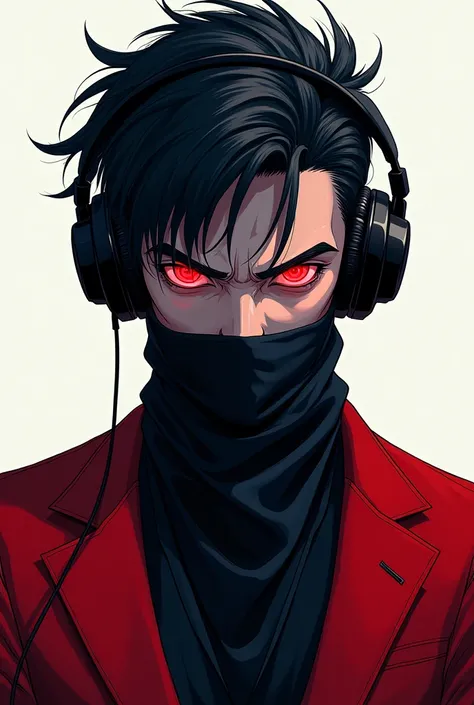 Anime man with headphones and covers his mouths with blue and white and a black face with angry red eyes and in an elegant suit red with black and with a black dufanda
