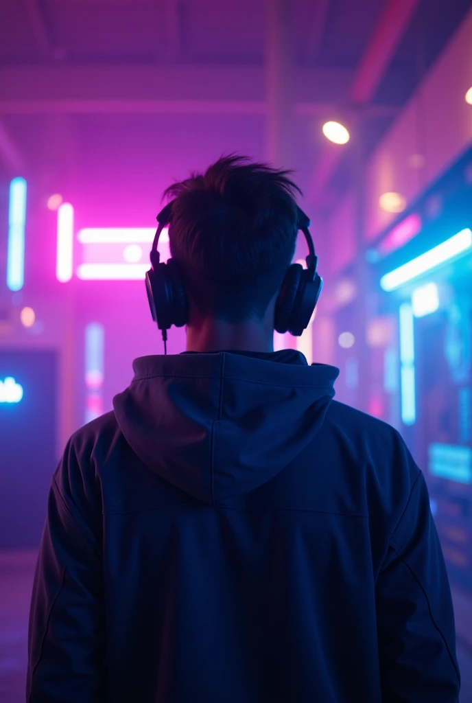 "A stylish and energetic content creator standing with their back to the viewer, looking towards a cinematic, neon-lit background. The person is wearing a trendy hoodie or jacket with headphones around their neck, symbolizing a modern digital creator. Thei...