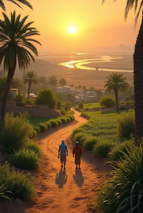 An agricultural village in Egypt where the trees are on the side of the road and there is an extended river nearby and the sun is at sunset in the distance 