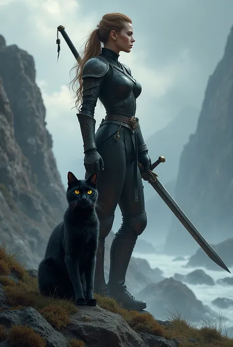 warrior female holding a sword, standing accompanied by a black cat