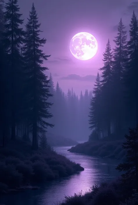  An image where the moon can be seen on the upper right side,  and below a forest with a river illuminated by it .  The colors of the image must be between purple , blue lilacs and black  