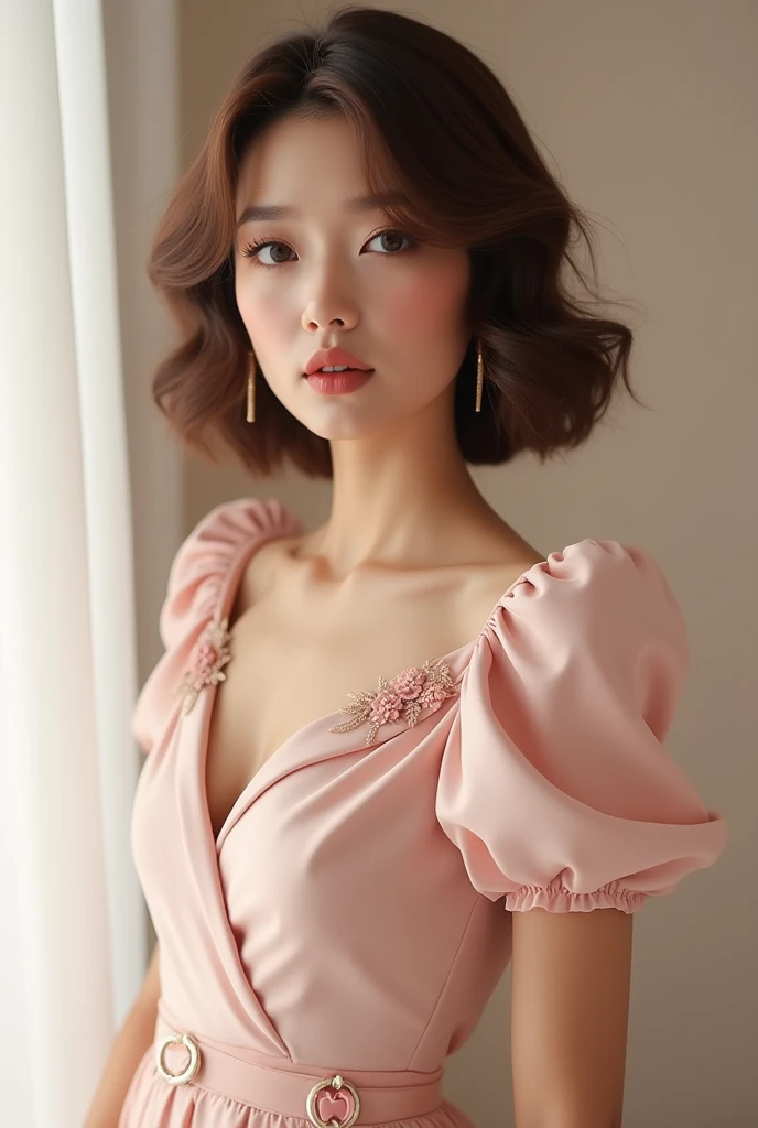  curlier hair 
Create 4 realistic images of a woman in brown tea ,  Chinese hair and lenses ,  each with a different dress based on the following information :  Dress 1 :  Classic A-line style

Cut and silhouette :  Long and with an A-shaped silhouette tha...