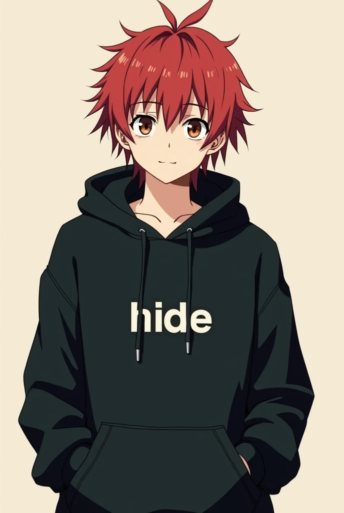 30&#39;s male ,Red hair, slightly long hair, black at the back ,  white skin, Hide is written on the black hoodie, No background , Please draw a picture of a Japanese animation 