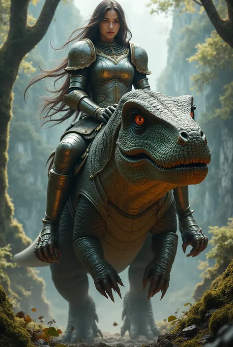 Girl in armor riding a dinosaur 