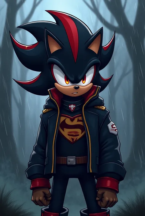  I would like you to capture in an illustration a Shadow in love , The version of  "sonic prime"  and that he does not lose his personality .  that is attractive ,  apart from that in the background he looks like in rainy seasons and that he looks like a u...