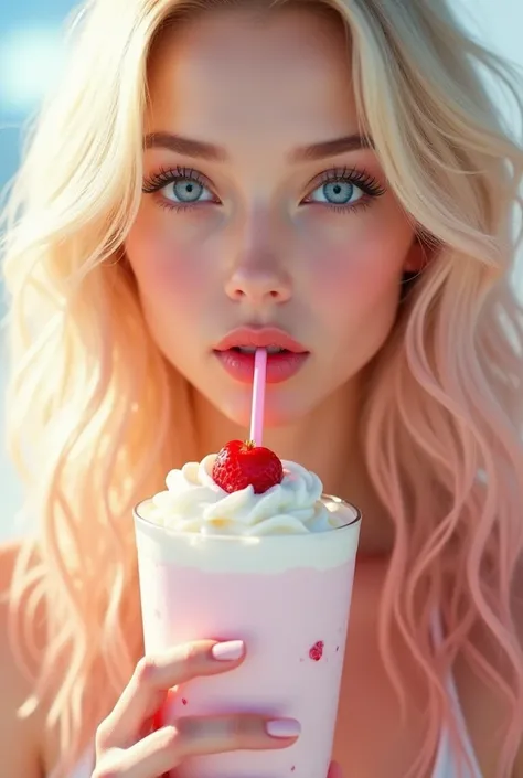 Make a wonderful blonde woman with blue eyes and pink highlights drinking a milk shake with a white background 